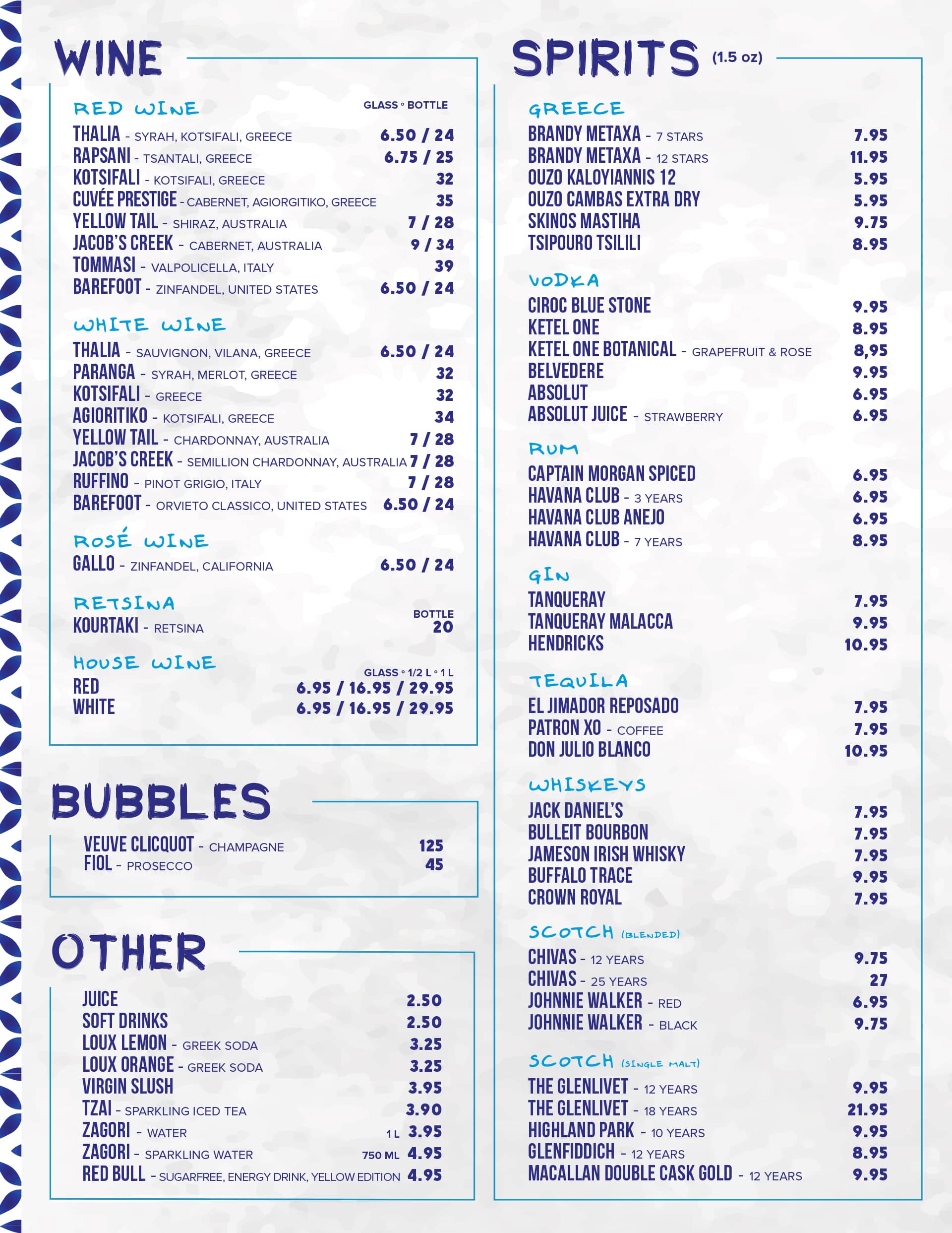 drink menu with wine, spirits and bubbles at Souvlaki Bar